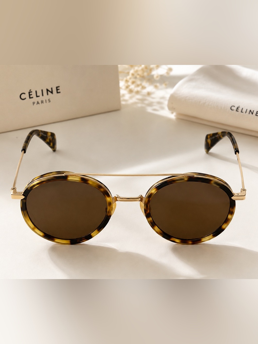 CELINE CL 41424/S Mia Round Havana Green Gold Sunglasses 49mm